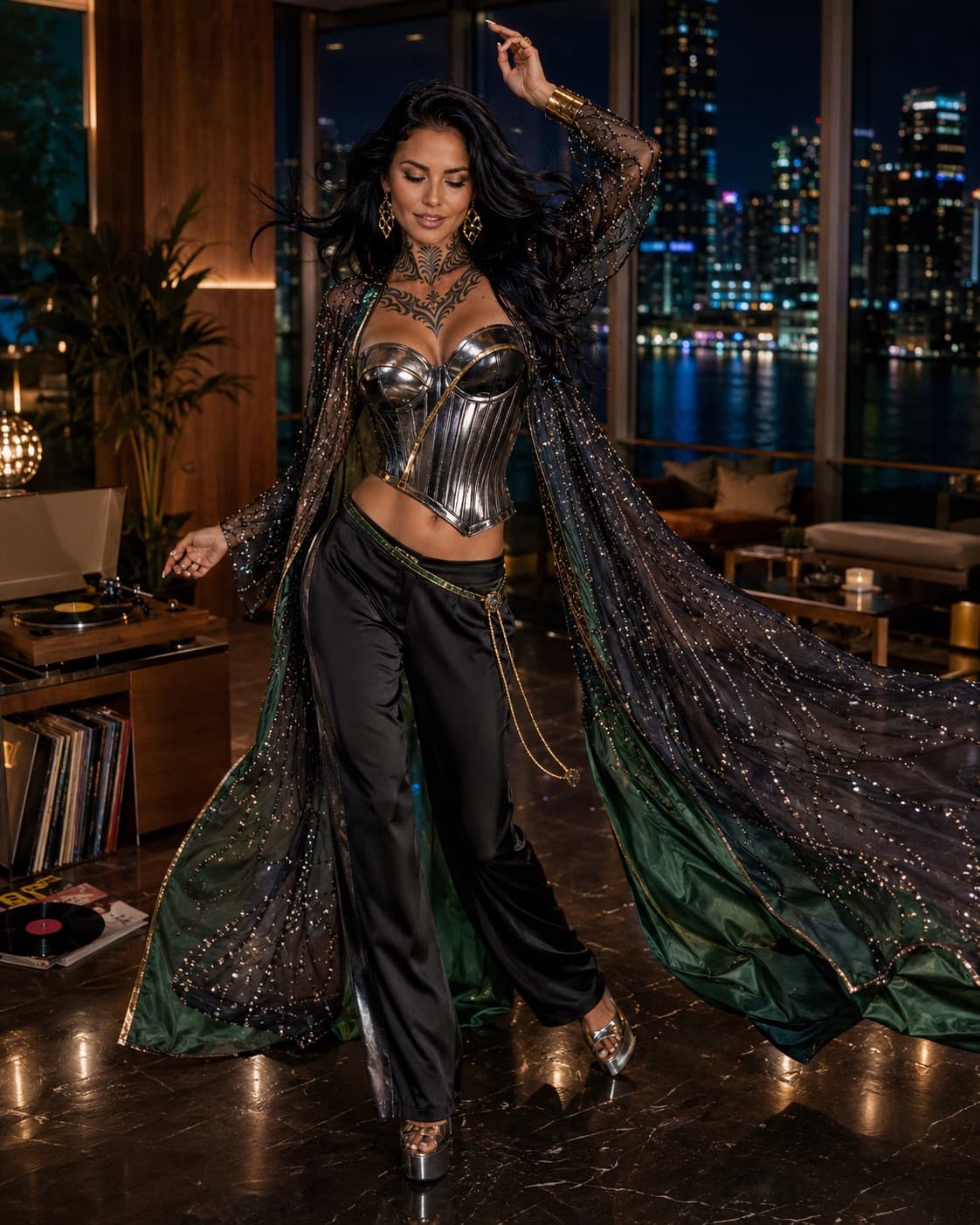 Raven dancing in a metallic couture look overlooking Miami at night.