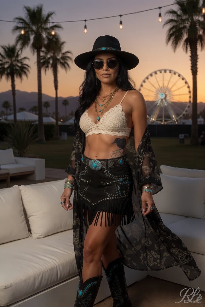 Raven wearing a black, cream, and turquoise festival look at Coachella at sunset.