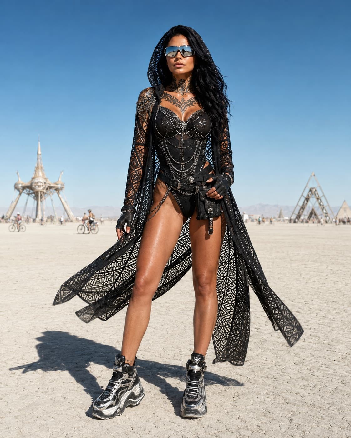 Raven wearing an original black couture-inspired look on the Burning Man playa.