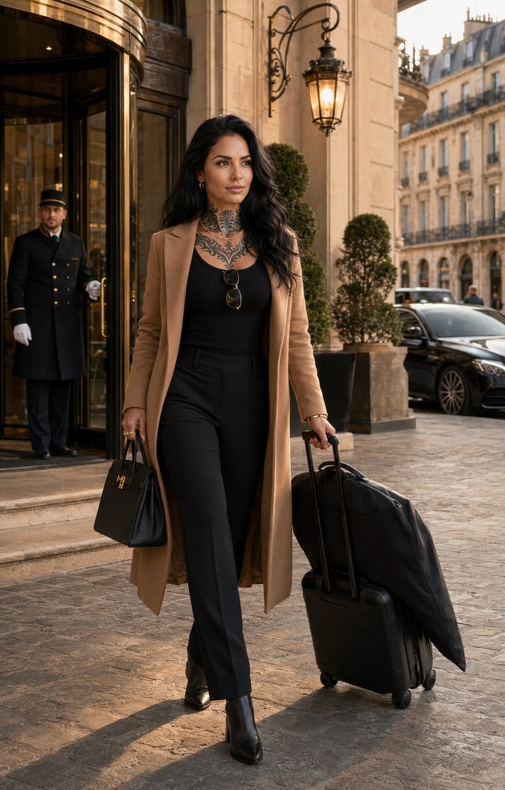 Raven leaving a European hotel with a compact suitcase and garment bag.