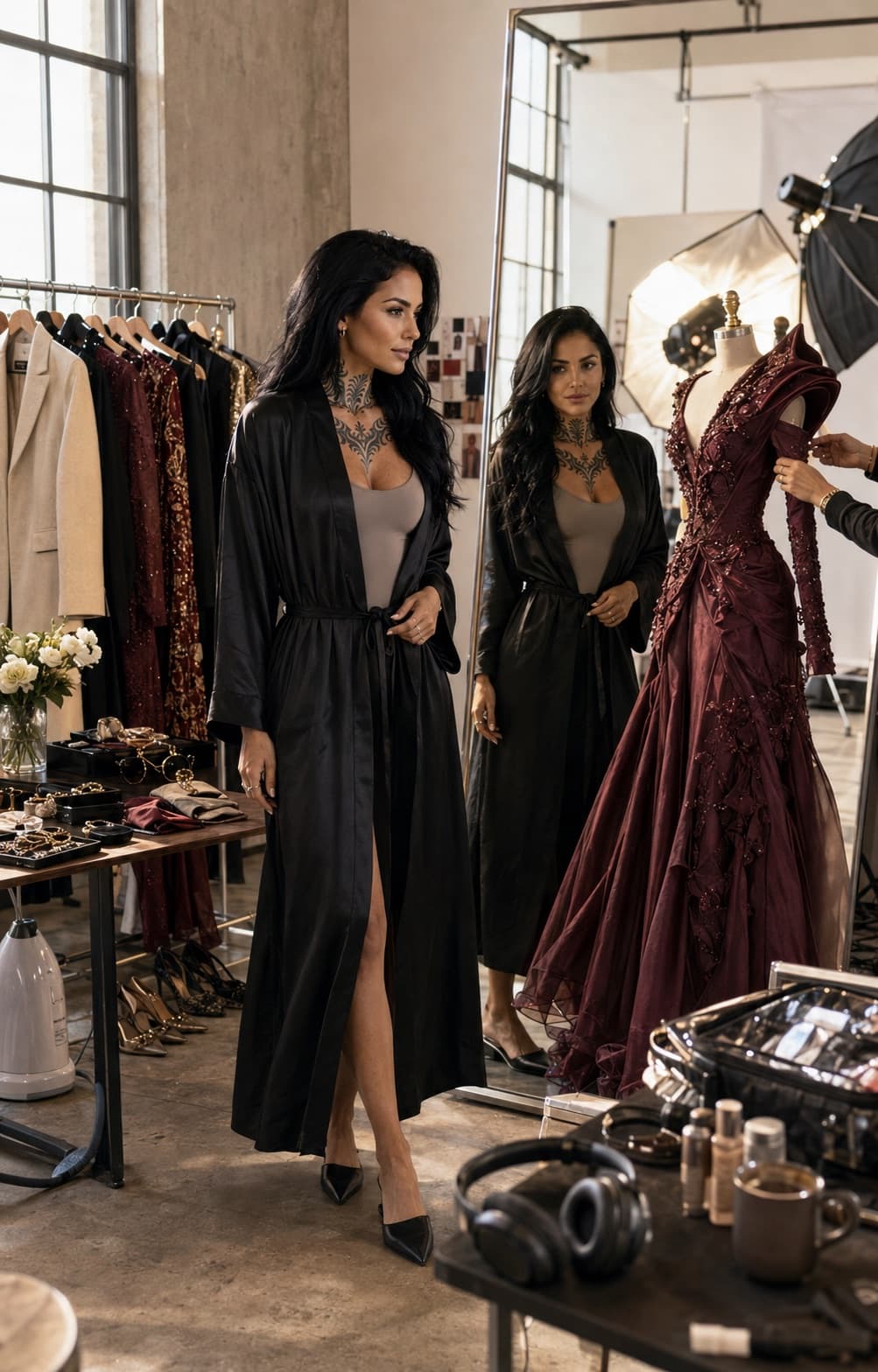 Raven reviewing a burgundy couture look during shoot-day preparation.
