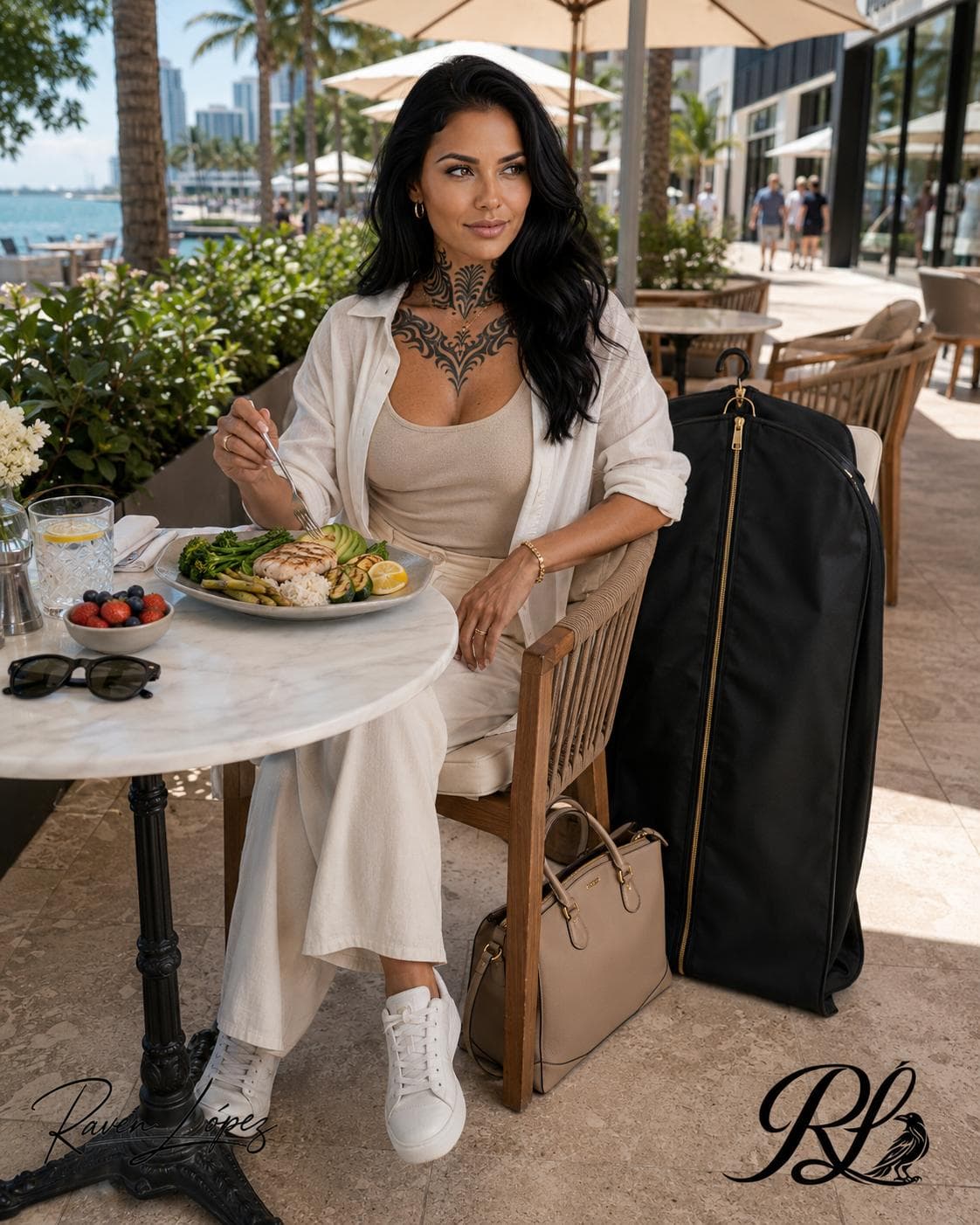 Raven having a nourishing meal between work commitments in Miami.
