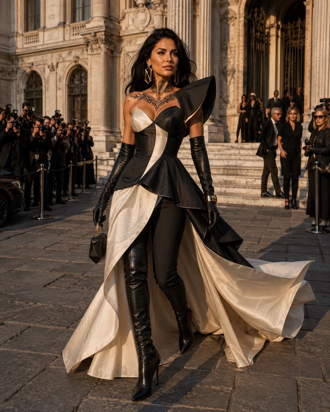 Raven wearing an architectural black-and-ivory couture look outside a European fashion venue.