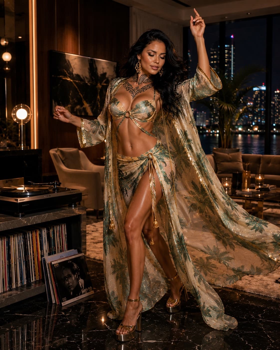 Raven dancing beside a record player in a Miami penthouse at night.