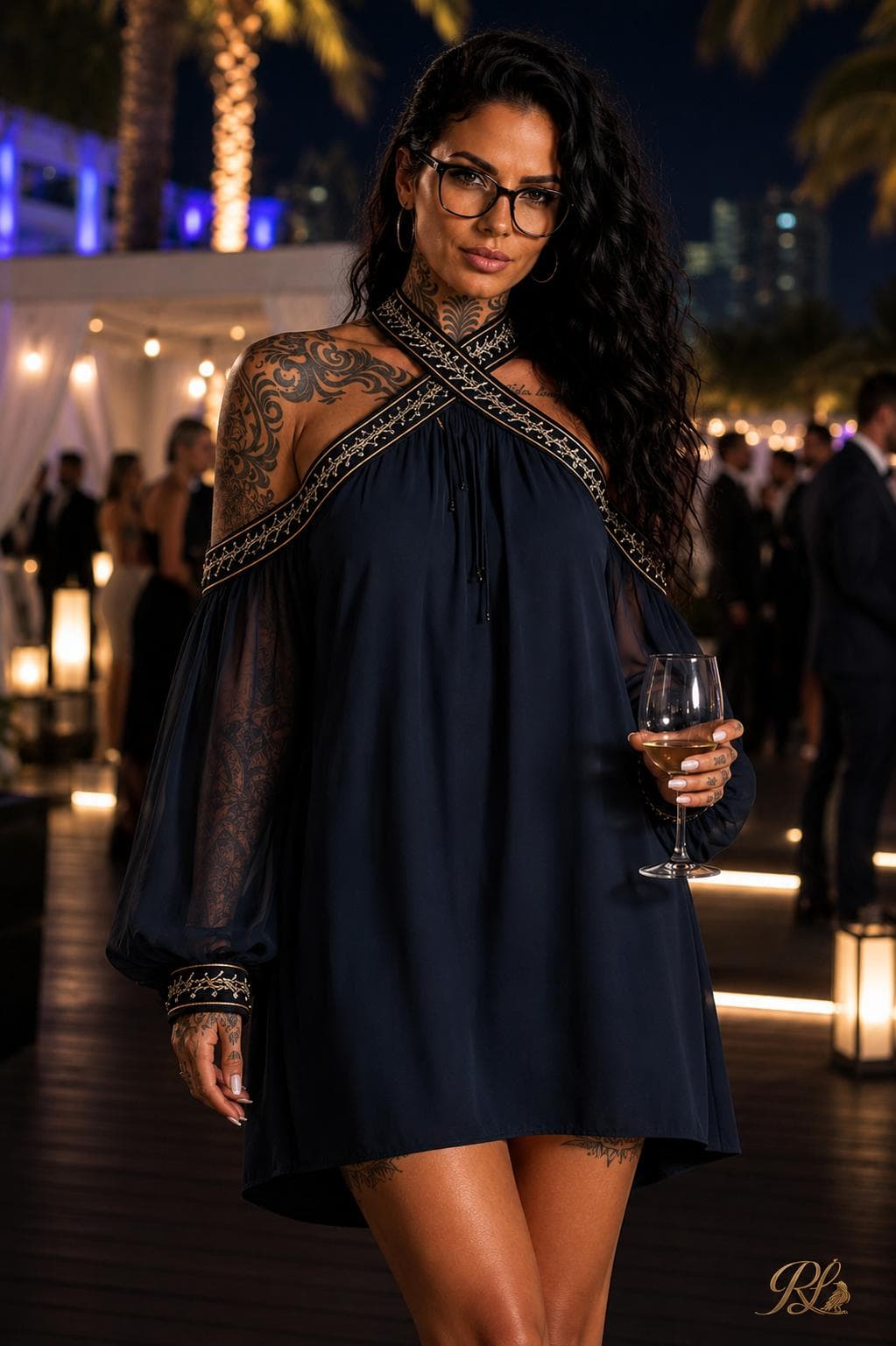 Raven López wearing a dark embroidered dress at an evening fashion event.