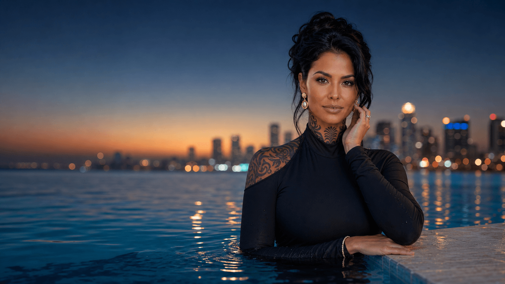 Raven López beside the Miami waterfront at blue hour.