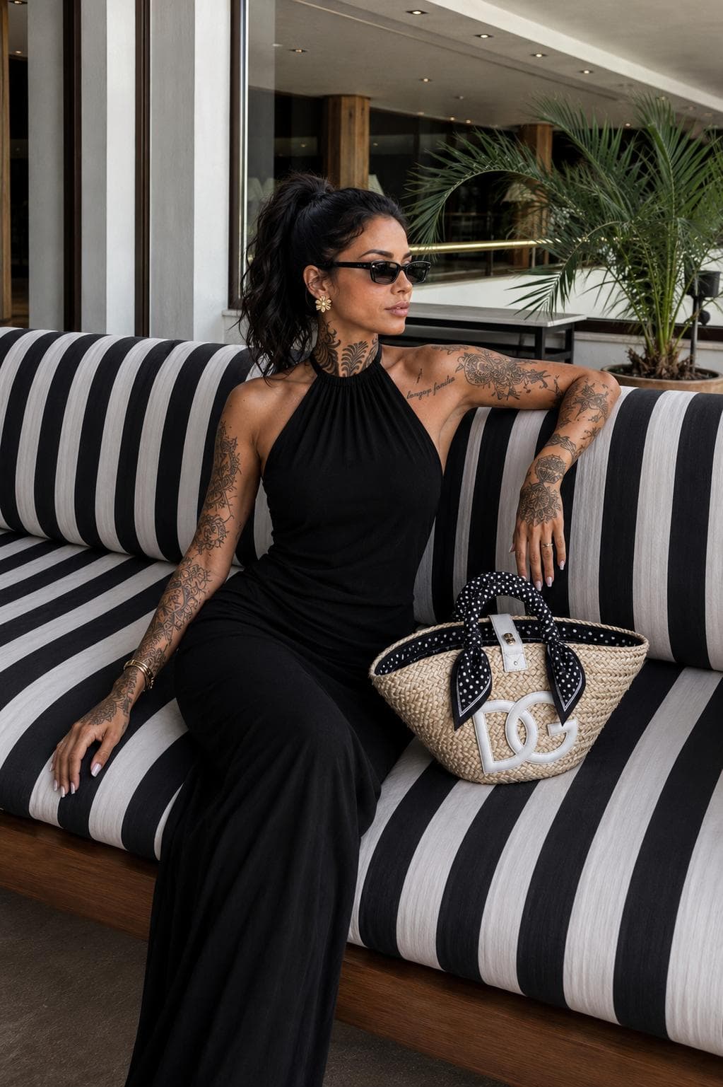 Raven in a black resort look on a striped terrace