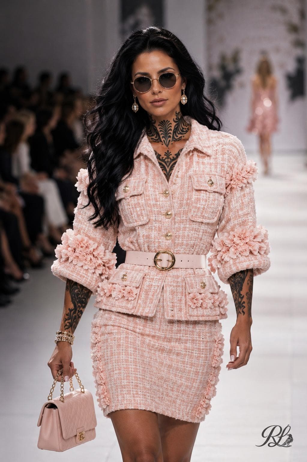 Raven in a pink floral tweed runway look