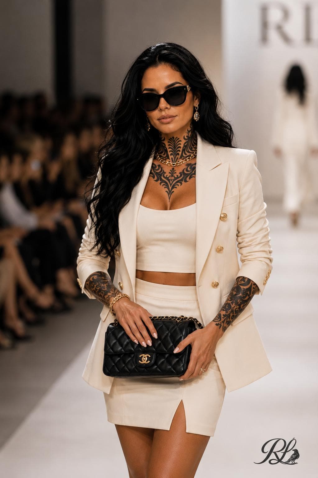 Raven in modern white tailoring at a runway show