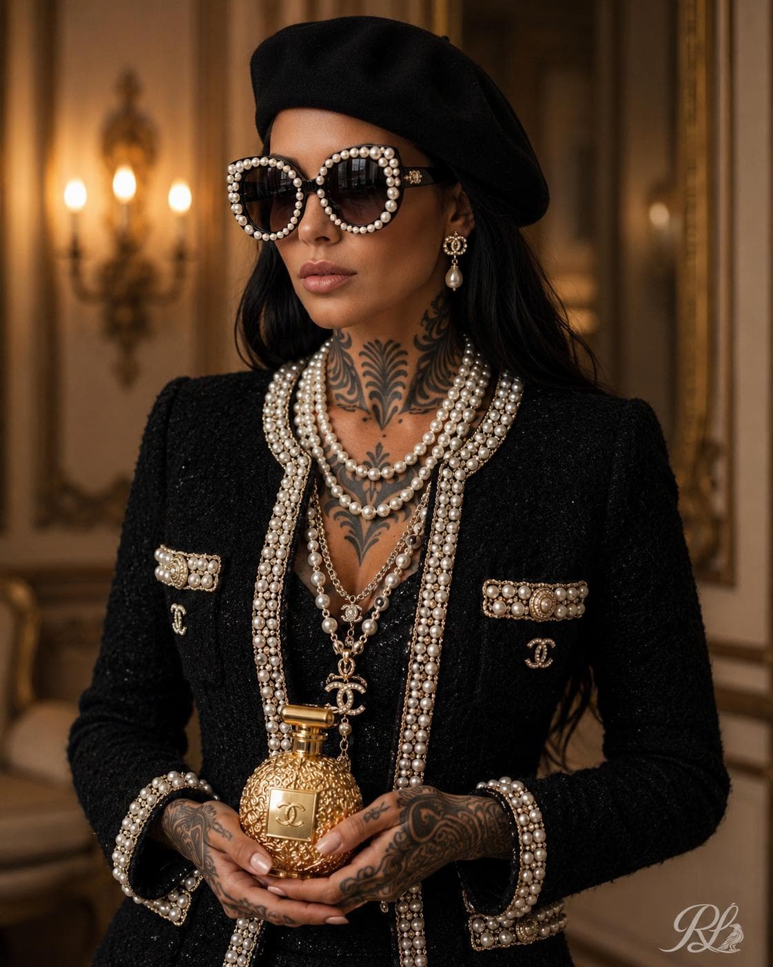 Raven in black tweed, pearls and a beret