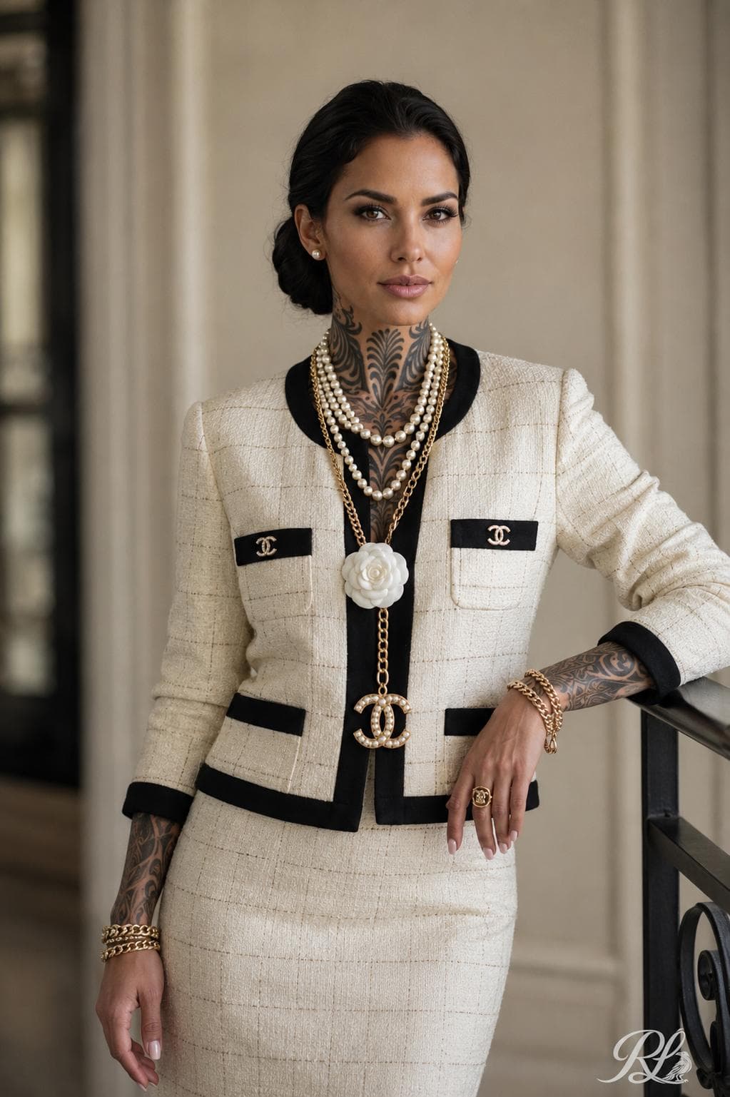 Raven in an ivory and black tweed suit