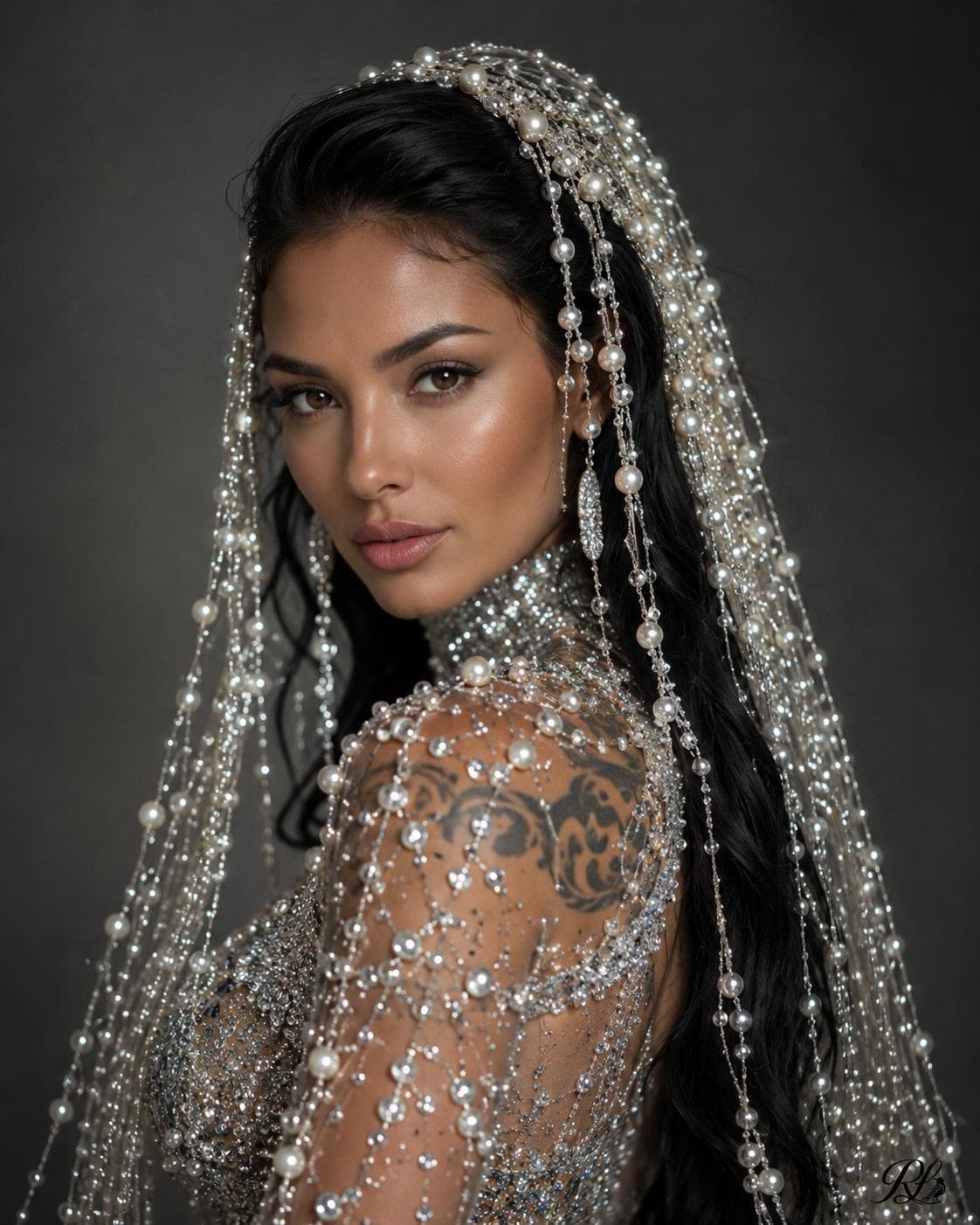 Pearl-draped beauty portrait of Raven