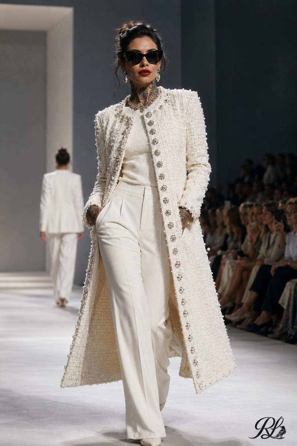 Raven walking in a long ivory tweed coat