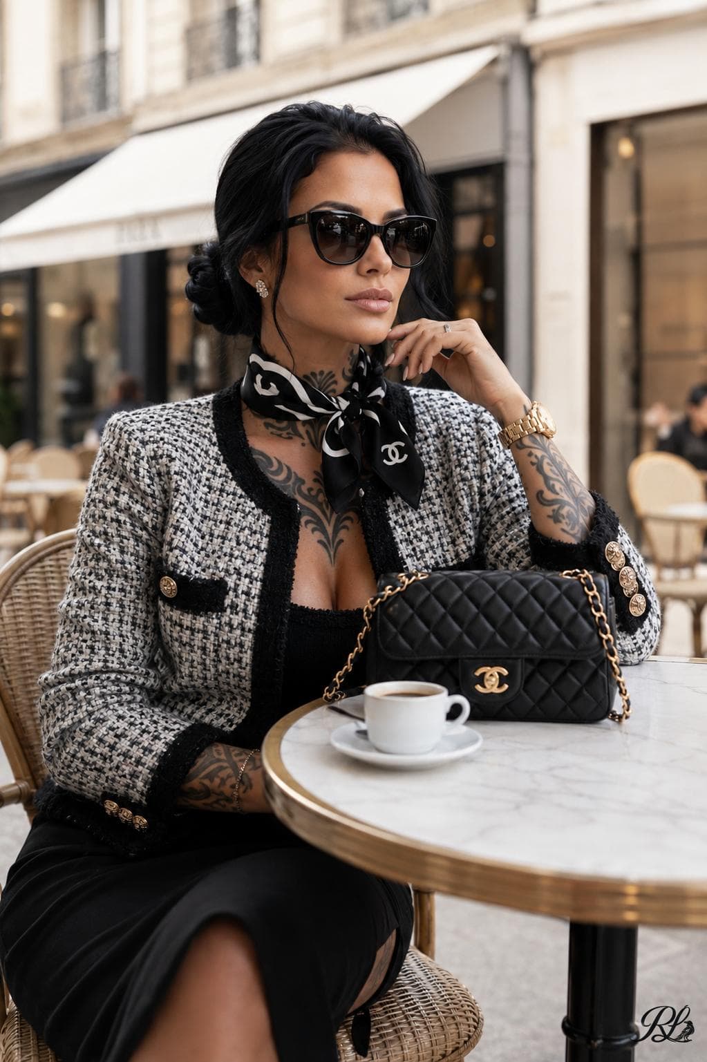 Raven in tweed at a Paris cafe