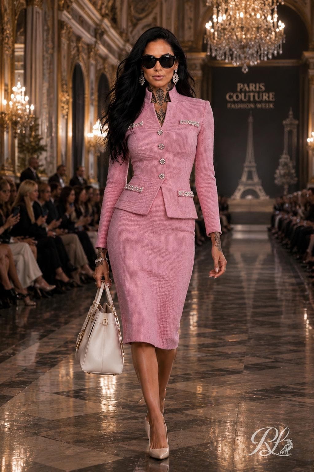 Raven in a pink tailored runway suit