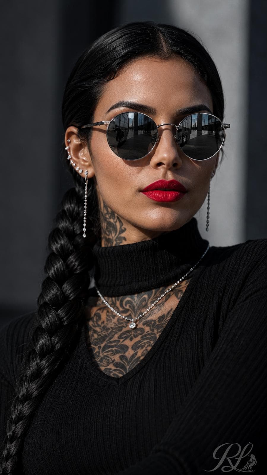Beauty portrait of Raven in black with a red lip