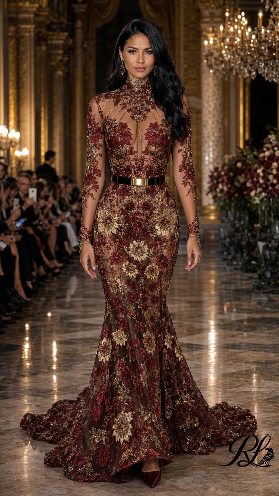 Raven López in a burgundy embroidered couture gown on an ornate runway